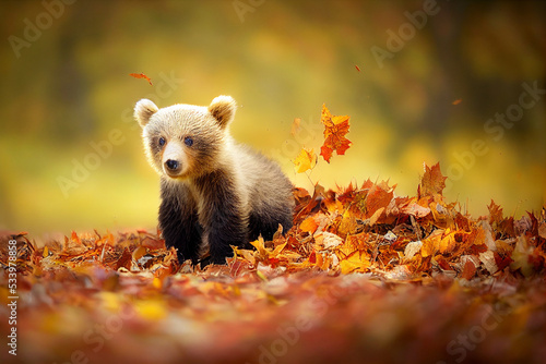 Tela 3d illustration of a cute bear cub in the autumn forest