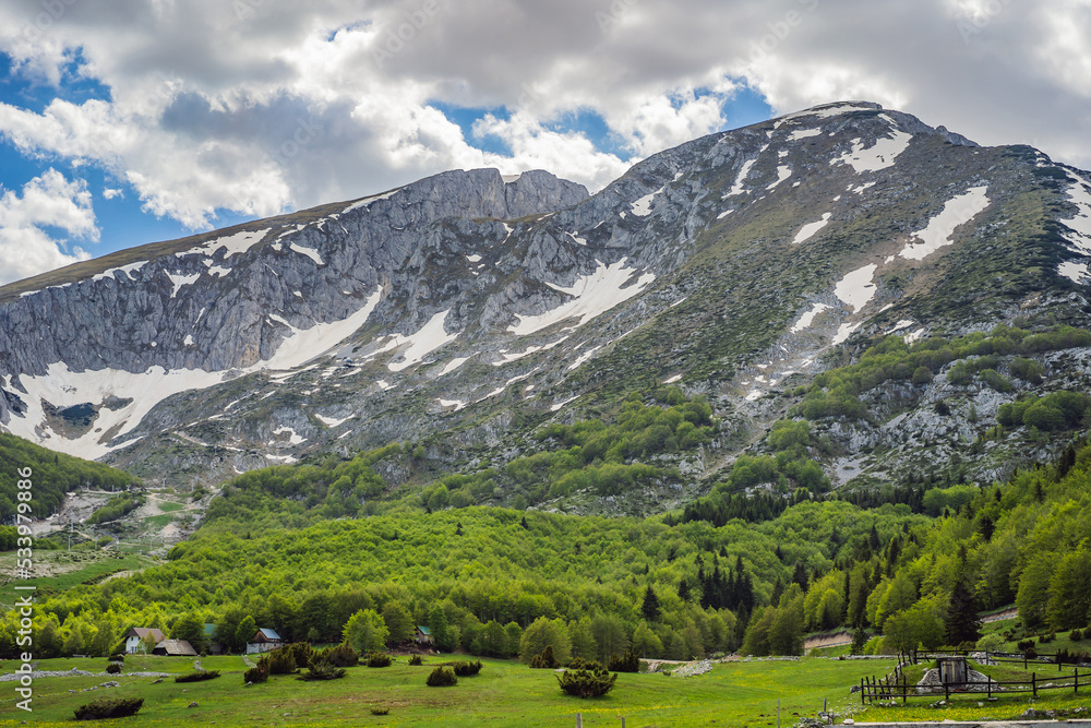 Fototapeta premium Durmitor. Picturesque mountain landscape of the Durmitor National Park, Montenegro, Europe, Balkans, Dinaric Alps, UNESCO World Heritage Portrait of a disgruntled girl sitting at a cafe table