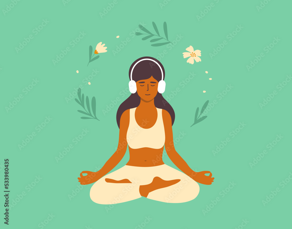 Woman meditating in headphones. Young female sitting lotus pose listening audio meditation. Music for relax. Mental health, self care, zen yoga, leisure vector illustration. Harmony, balance concept
