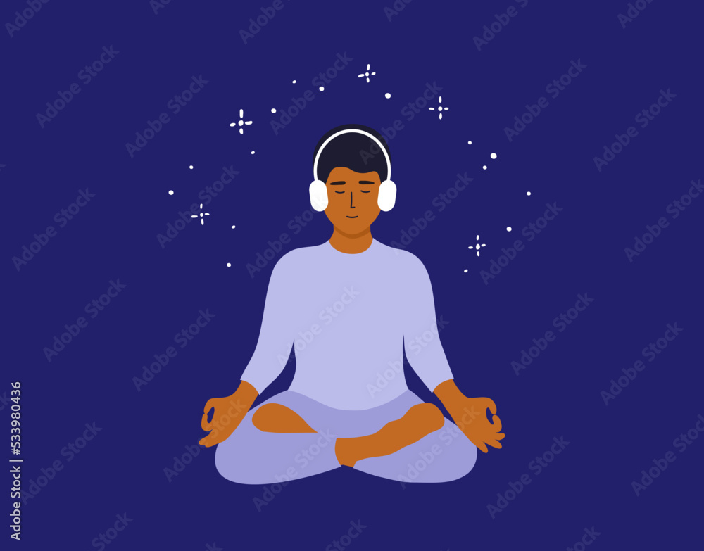 Man meditating in headphones. Young male sitting lotus pose listening audio meditation. Music for relax. Mental health, self care, zen yoga, mindfulness vector illustration. Harmony, balance concept