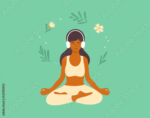 Woman meditating in headphones. Young female sitting lotus pose listening audio meditation. Music for relax. Mental health, self care, zen yoga, leisure vector illustration. Harmony, balance concept