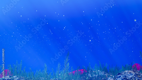Rock reefs  corals and underwater plants. Underwater shots have light shining down on the underwater plants. and bubbles floating in the out-of-focus water as a Background. 3D Rendering