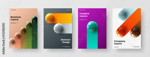 Geometric realistic balls magazine cover illustration bundle. Vivid flyer A4 design vector layout collection.