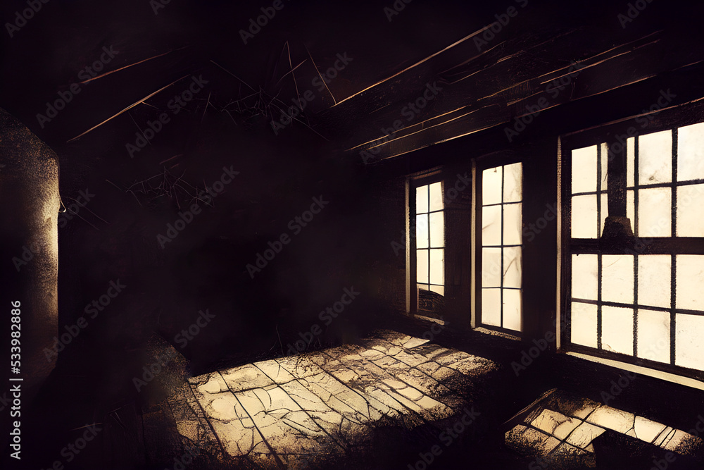Abandoned creepy attic. Ruined. Haunted. Stock Illustration Adobe Stock