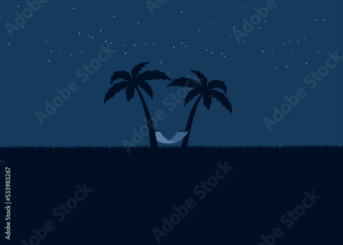 Eine Hängematte aufgespannt zwischen zwei Palmen in der Nacht, im Hintergrund sind Sterne.