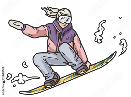 Winter sports snowboarder on a snow board in the grab jump