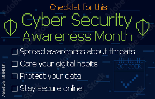 Pixelated Checklist for Use during Cyber Security Awareness Month, Vector Illustration photo