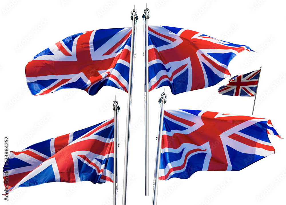 Union Jack Flags. Collection of five national UK flags with flagpole