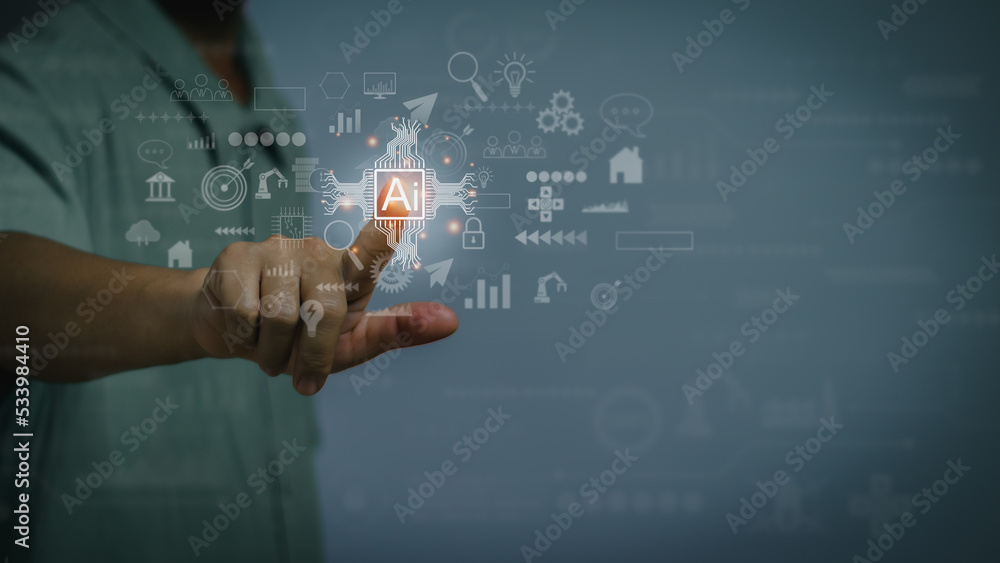 Fototapeta premium Business man's finger touching digital technology icon ,concept Intelligent technology(Ai),Digital transformation Management ,Big Data, Internet of Things and Business Process Strategies
