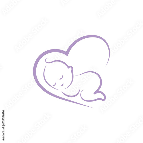 The baby is sleeping in the heart. Line art.