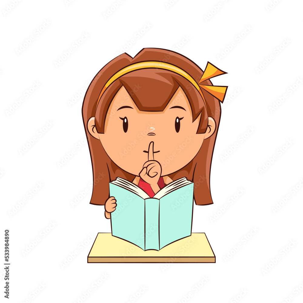 Girl reading book silence gesture Girl reading book silence gesture