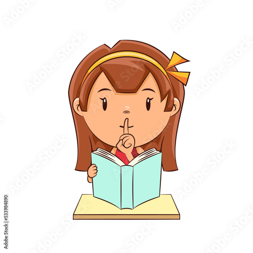 Girl reading book silence gesture