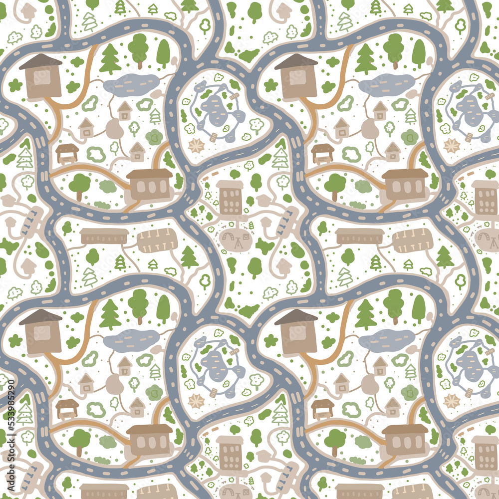 map city terrain plan kids play maze houses trees body of water walkway ...