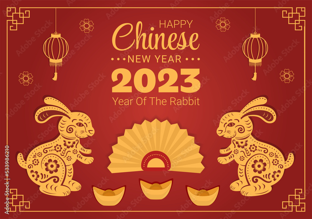 Chinese Lunar New Year 2023 Day of the Rabbit Zodiac Sign Template Hand Drawn Cartoon Flat Illustration with Flower, Lantern and Red Color Background Chinese Lunar New Year 2023 Day of the Rabbit Zodiac Sign Template Hand Drawn Cartoon Flat Illustration with Flower, Lantern and Red Color Background