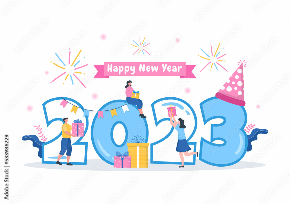 Fototapeta premium Happy New Year 2023 Celebration Template Hand Drawn Cartoon Flat Background Illustration with Fireworks, Ribbons and Confetti Design