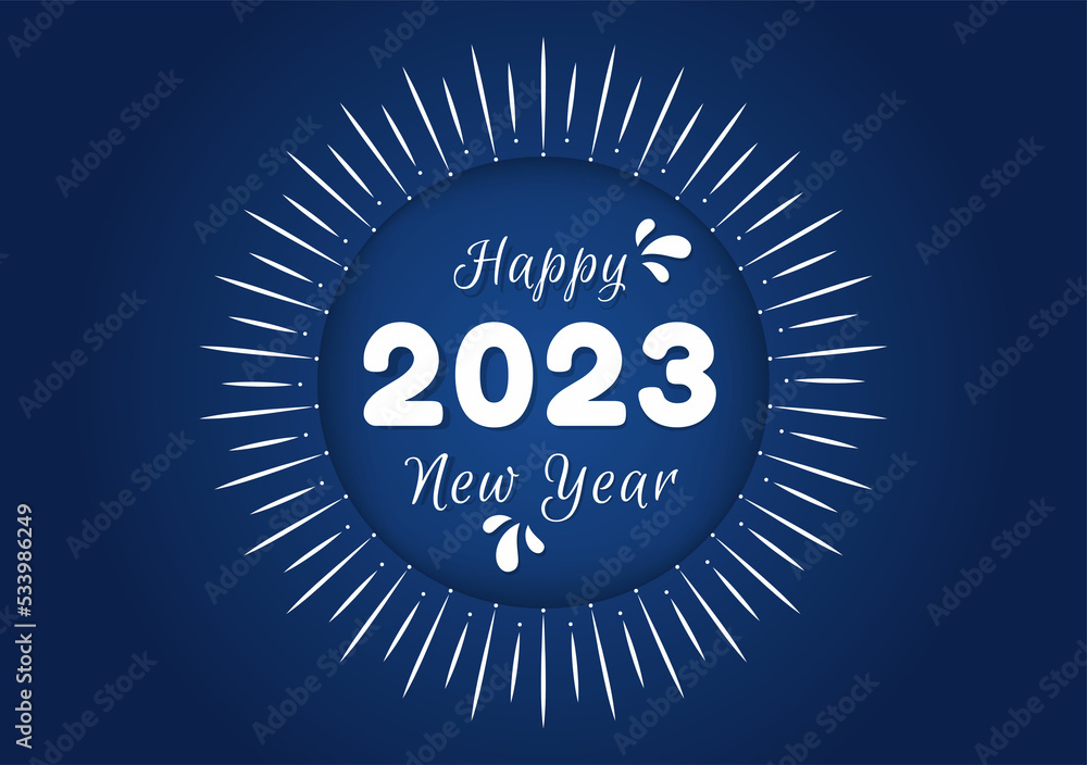 Fototapeta premium Happy New Year 2023 Celebration Template Hand Drawn Cartoon Flat Background Illustration with Fireworks, Ribbons and Confetti Design