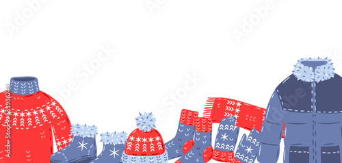 Background with warm winter clothes. Illustration for advertising and marketing.