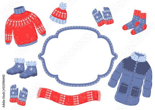 Background with warm winter clothes. Illustration for advertising and marketing.