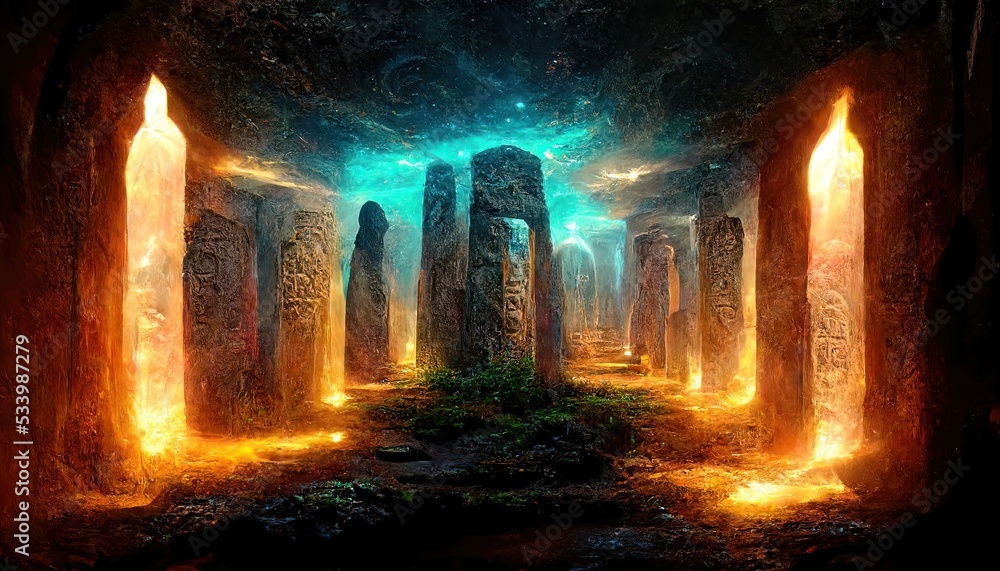 Fantasy night landscape with magical power, ancient stones with magical ...