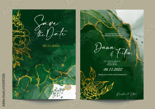 Luxury emerald green wedding invitation with  abstract gold sparkle
