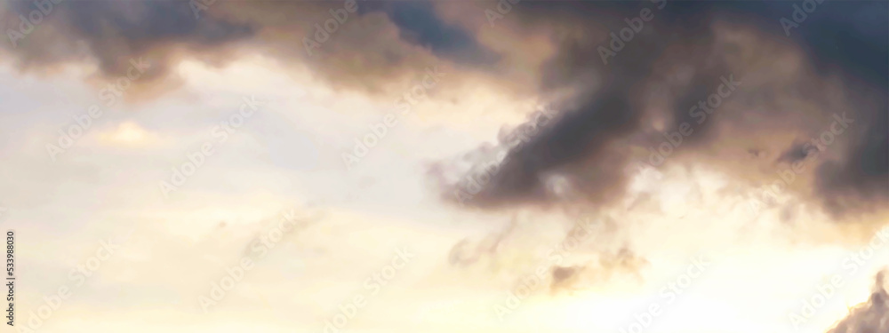 Obraz premium Beautiful sunset sky, the sun leaving bright golden shades background with clouds in sunny day. You can use for background, Texture, Wallpaper and the other site. Vector illustration.