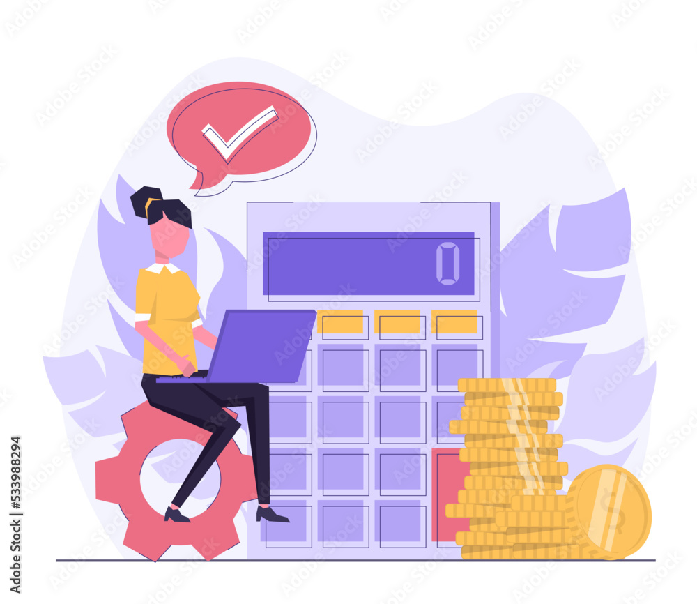 Financial analysis. A woman with a laptop sits atop a pinion, doing business analytics.