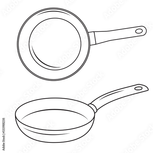 Black insulated frying pan with handle, black contour in doodle style, vector illustration.