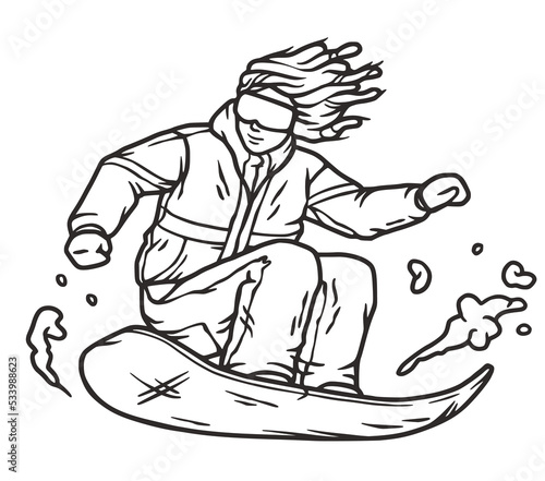 Winter sports snowboarder on a snow board in the jump. Outline hand drawing in vector