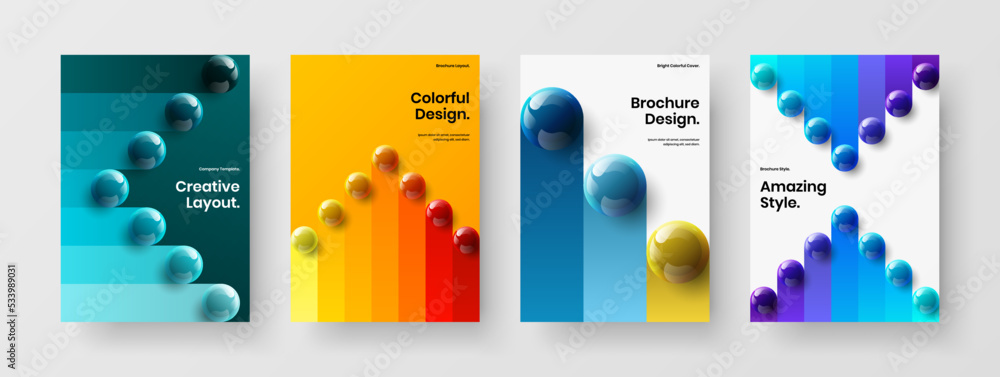 Colorful corporate cover A4 design vector illustration bundle. Fresh 3D balls poster concept set.