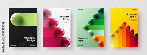 Clean corporate identity A4 design vector concept collection. Unique realistic spheres postcard template set.
