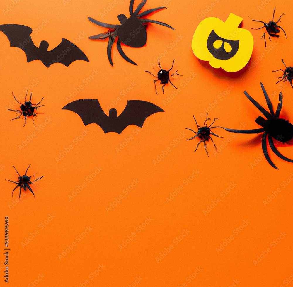 Happy Halloween Background llustration. Image Of Halloween Background With Pumpkins, Bats And Spiders