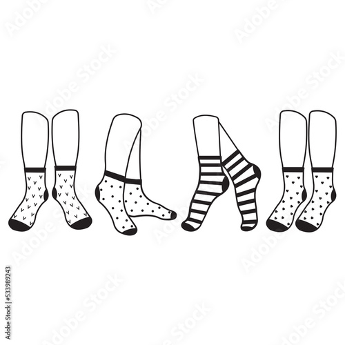 Warm socks on the feet with a pattern, black outline, vector illustration