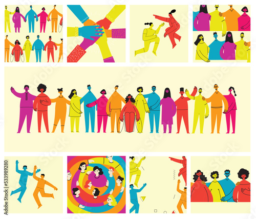 Young men and women with abstract geometric shapes. Team building and teamwork concept. Business partnership, cooperation and communication. Modern flat cartoon style.