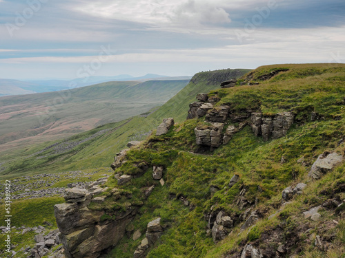 Dramatic view from The Nab to the cairns at High White Scar next to Wild Boar Fell, overlooking the Eden Valley, Cumbria, UK