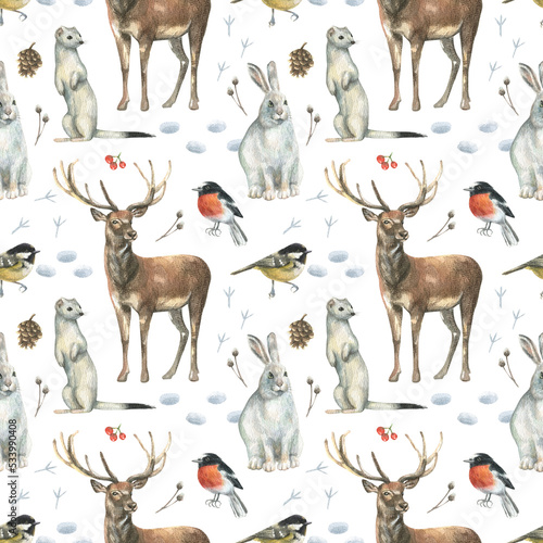 Beautiful seamless pattern with watercolor hand drawn wild stoats, white hares, deer, birds and footprints in the snow. Winter forest illustration. © Marina