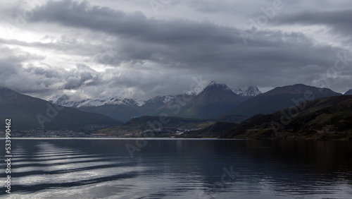 Snow capped mountains along the Beagle Channel near Ushuaia, Argentina