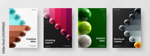 Vivid 3D balls corporate brochure template set. Multicolored company cover A4 design vector layout composition.