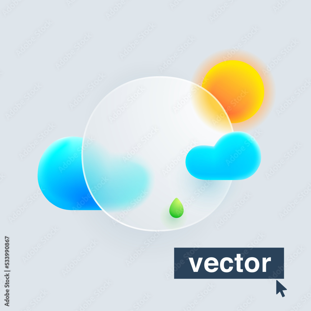 Number zero logo made of sun, clouds, and green drop under mate glass. Realistic 3d glass morphism style emblem. Number zero logo made of sun, clouds, and green drop under mate glass. Realistic 3d glass morphism style emblem.