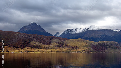 Snow capped mountains along the Beagle Channel near Ushuaia  Argentina