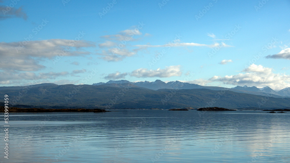 The Beagle Channel, surrounded by mountains, near Ushuaia, Argentina