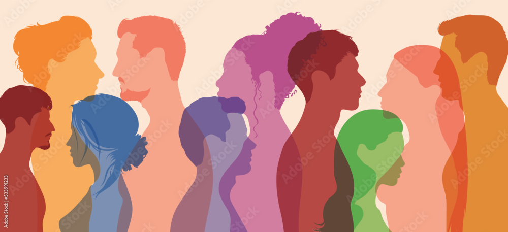 In this vector, a group of men and women of diverse cultures stand together, with various races and ethnicities representing the concept of racial equality and anti-racism.