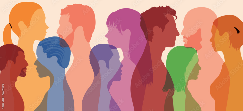 People of diverse racial and ethnic backgrounds. Concept of racial equality and anti-racism. Multicultural society. Profile of a group of men and women living in a multicultural society.