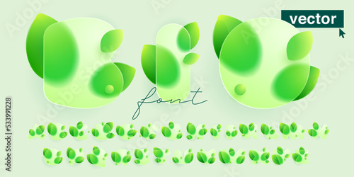Alphabet made of green leaves under mate glass. Realistic Glassmorphism style.
