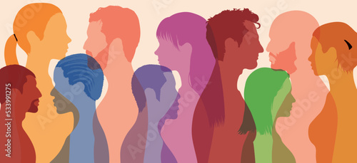 People of diverse racial and ethnic backgrounds. Concept of racial equality and anti-racism. Multicultural society. Profile of a group of men and women living in a multicultural society.