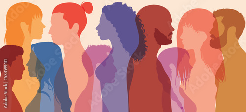 Community or teamwork concept. Multicultural and multiethnic society. Cartoon flat head face of diverse people. Friendship between multicultural and multiethnic people.