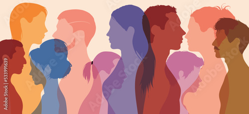 There is dialogue between peoples. Collared flat cartoon profiles. Crowds that talk and multiple exposures are shown.