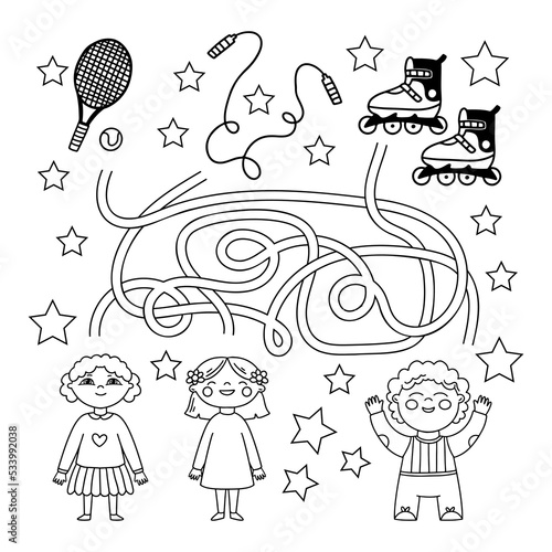 Maze or Labyrinth Game. Puzzle. Tangled road. Coloring Page Outline with cartoon sporty children. Coloring book for kids.