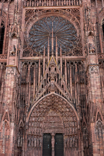 Facade details of the Cathédrale Notre-Dame de Strasbourg or Cathedral of Our Lady of Strasbourg. France