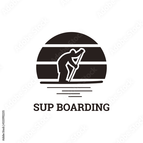 Sup Paddle boarding logo or emblem with silhouette of man, flat vector isolated.