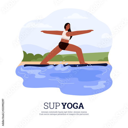 SUP yoga banner or poster, emblem for water sport activity flat vector isolated.